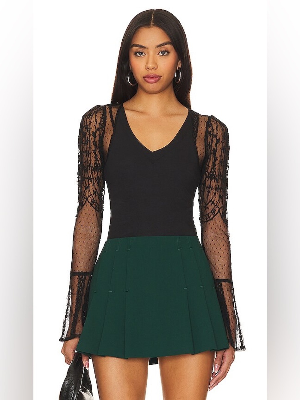 Free People Who’s That Girl Top - Sheer Lace Sleeve V-Neck Black Women's Top